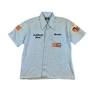 Vtg 70s Ford Racing Mechanic Shirt XL Fits L Champion Spark Plugs Patches USA